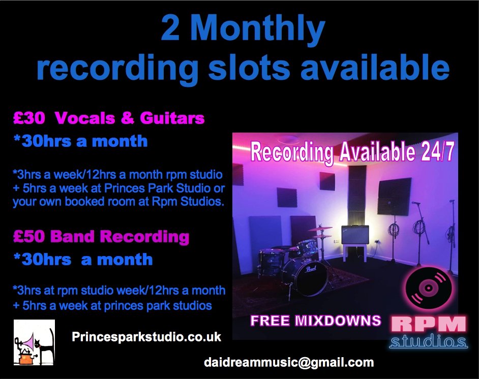 Grab your monthly slots for this year, £30 Vocals &amp; Guitars  or
£50 Full Band Recording.  30hrs  a month worth of recording time available with free mixdown #bands #liverpool #merseyside #music #singer #recordingstudio #recording