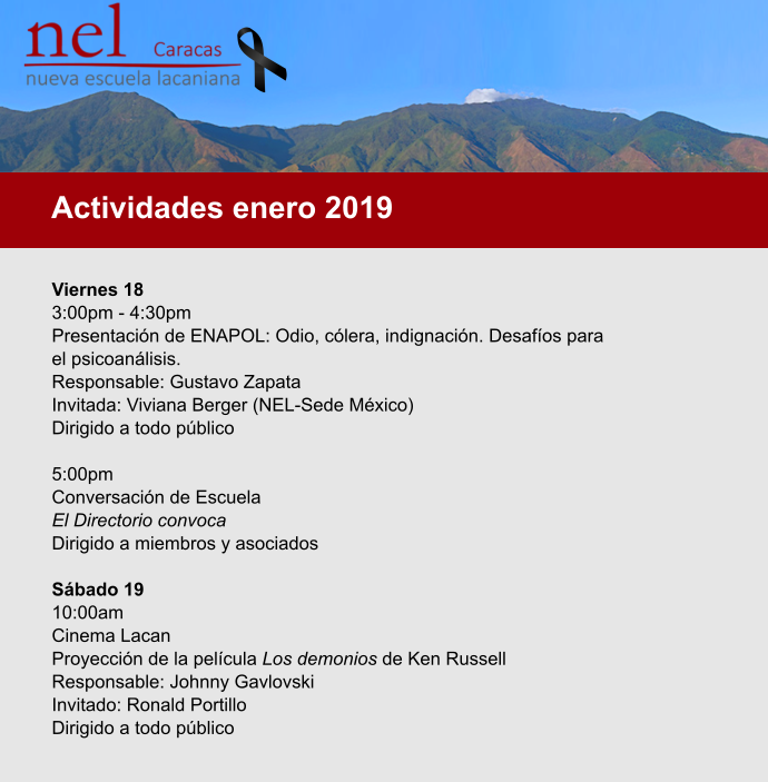 NelcfCaracas's tweet photo. Esta #semana en la sede: #viernes Presentación de #ENAPOL a cargo de @_gaz1 Gustavo Zapata e invitada Viviana Berger de la @NELMEXICO #sábado #CinemaLacan con @Johnnygavlo y @rapcho https://t.co/IK4HgBLJ5m