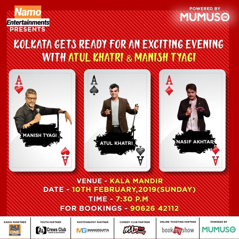 Mumuso India welcomes @KnottyCommander , @one_by_two and @nasifakhtar to make you laugh with their stand-up comedy. :D
Let Kala Mandir echo with your laughter on 10th February from 06:00 PM.
#Mumuso #StandUpComedy #AtulKhatri #ManishTyagi #NasifAkhtar #Comedy #KolkataEvents
