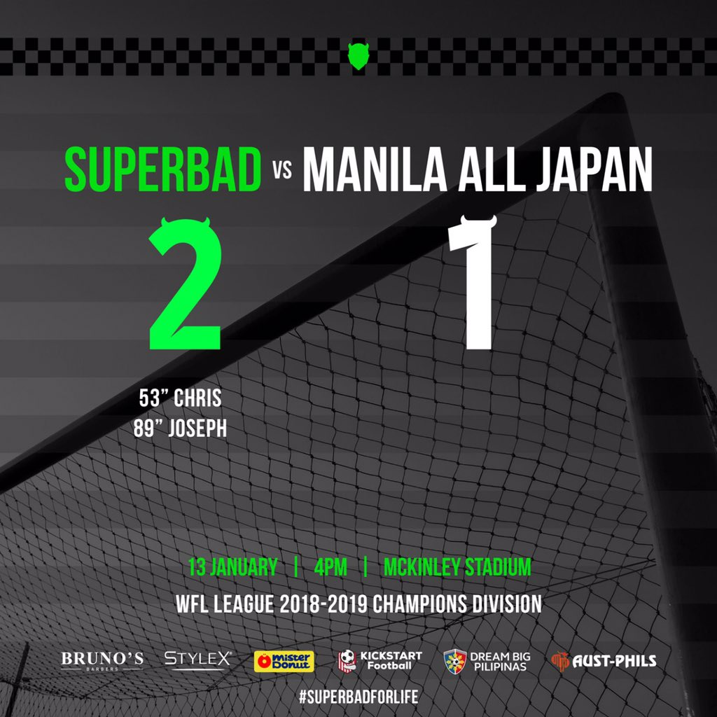 SuperbadFC's tweet photo. SBFC starts off 2019 with a come from behind win, literally in the last minute of play! Congrats boys and thanks to all who came out to support!

#SuperbadFC #Superbadforlife #MatchDay8 #BrunosBarbers #StylexPh #MisterDonut #KickstartFootballPh #DreamBigPilipinas #AustPhils https://t.co/L5NtAGOeDX