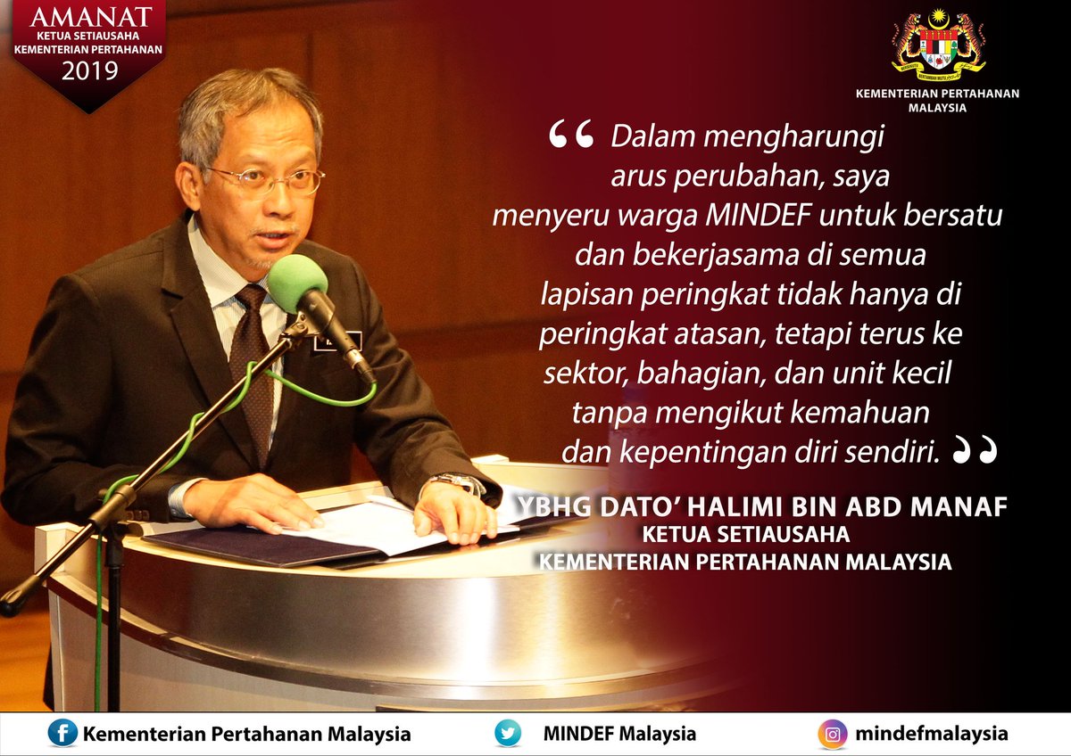 KSU, YBhg Dato' <a href="/HalimiAbdManaf/">Halimi Abd Manaf</a> menggesa semua lapisan penjawat awam agar meningkatkan jalinan kerjasama &amp; persefahaman antara satu sama lain dalam semangat hormat menghormati, saling menasihati &amp; saling mempercayai sebagai budaya kerja penjawat awam. 
#amanatksumindef