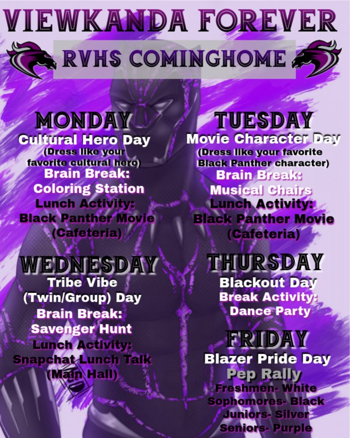 RVHS_SC20's tweet photo. Good Morning Junior Class today kicks off #Cominghome2019 &amp; Exam Week! Come dressed as your favorite cultural hero as you blaze through your finals!! 🙂💜 https://t.co/y2rQDnKi2u