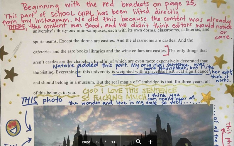 She later started selling chapters of her book proposal on Etsy, covered in annotations and star stickers. It was about £5 per chapter. This is what it looked like & here's how she responded when a fan worried about the exorbitant cost.