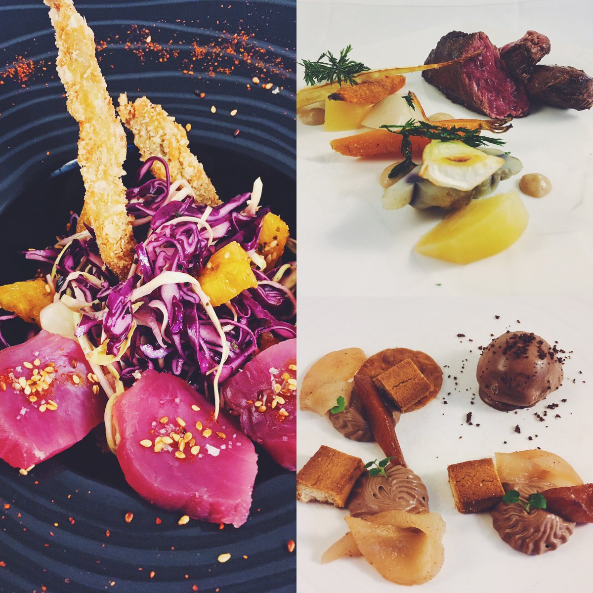 MaisonPLB's tweet photo. [Du 14 au 18 janvier 2019]

Salade de chou à la japonaise, sashimi de thon / Onglet de veau, poêlée de légumes du moment et crémeux d’oignons doux / Tartes aux poires caramélisées déstructurée
 
Bon appétit ! 😋👨‍🍳

#Dijonfood #Gastronomie #Lacloserie https://t.co/uCAZjgu8J2