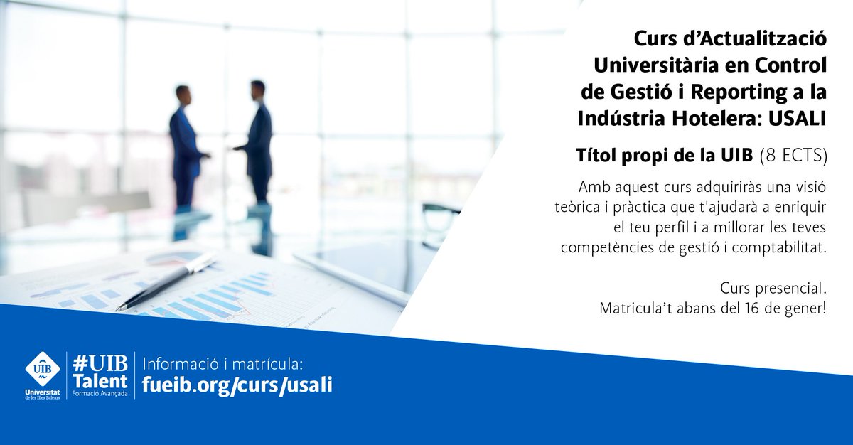 UIBTalent's tweet photo. Forma't en Uniform System of Accounts for the Lodging Industry (#USALI). Vols saber més informació sobre aquest curs? Vine a la sessió informativa!
📅15 de gener
🕟A les 19 h
📍Aula AB11, edifici Jovellanos (campus UIB)
Info: https://t.co/FAAYMHGdDw https://t.co/6MLR5xQCxe
