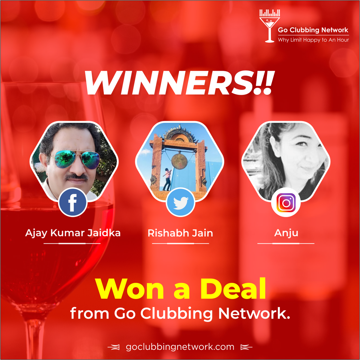 GoClubbingIndia's tweet photo. Here come the #winners of the Last contest. Congratulations people for winning a Special #GoClubbing #deal.
Send us your contact details as a DM to avail the deal.
Also, Keep participating in #GoClubbingNetwork #contests to win free deals. Don’t forget to review us on #Google. https://t.co/uKGpvpujMf