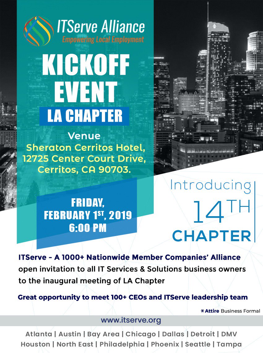 ITServeorg's tweet photo. We're excited to announce that ITServe is introducing its 14th Chapter in Los Angeles on 1st of February. Come join us and get an opportunity to meet CEOs from your industry and ITServe leadership team! 

Please RSVP @ https://t.co/gTxwx87wXe https://t.co/TsWU3aunNL