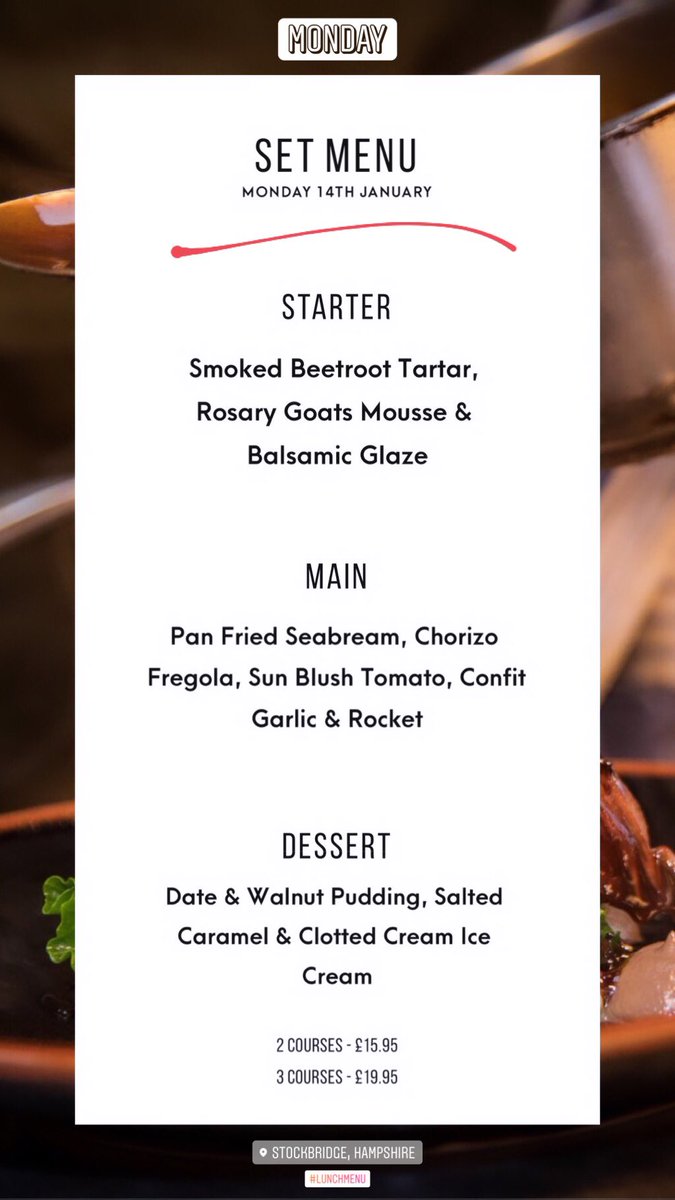 Hello Monday! A whole new week to embrace and enjoy. Here's today’s set-menu to get your tastebuds going! We have a few tables available for lunch (served until 3pm) and dinner 6.30-9pm. Call to reserve 01264 810833  #stockbridge #hampshire #gastropub
