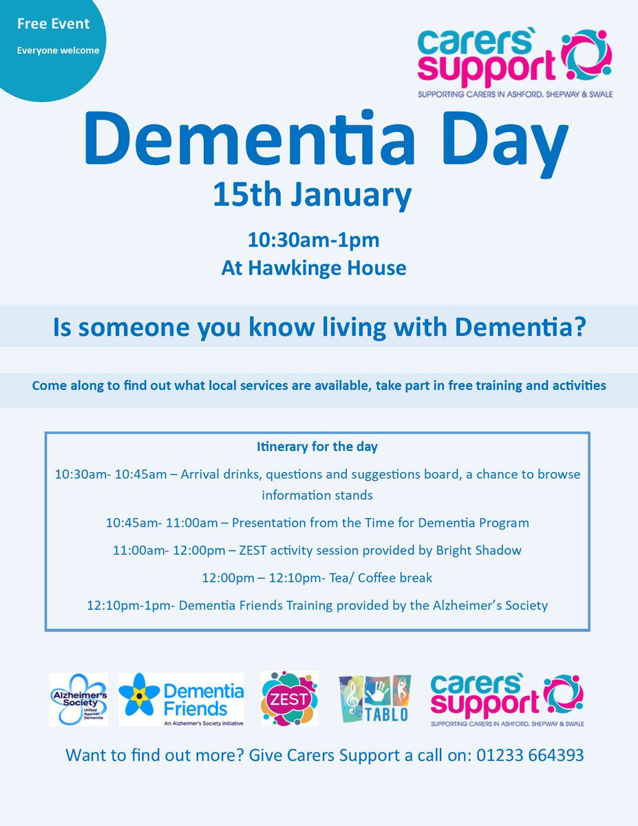 Pop along to our Dementia Day tomorrow, whether you know someone living with Dementia or just want to find out more, everyone welcome.