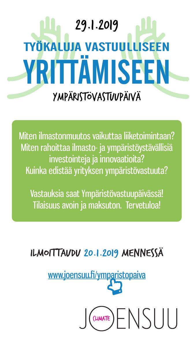manninen_outi's tweet photo. @Joensuu_fi'n energiahanke ja ymp.suojeluyksikkö järjestävät yrityksille suunnatun ympäristövastuupäivän. Mukana mm. @WWFGreenOffice, @LinnunmaaLex @MotivaOy @ekokompassi @Linnunmaa @ClonetOy ja monta muuta! #ympäristövastuu #energiatehokkuus #ilmastobisnes #yritysvastuu https://t.co/hJThPP3KsA