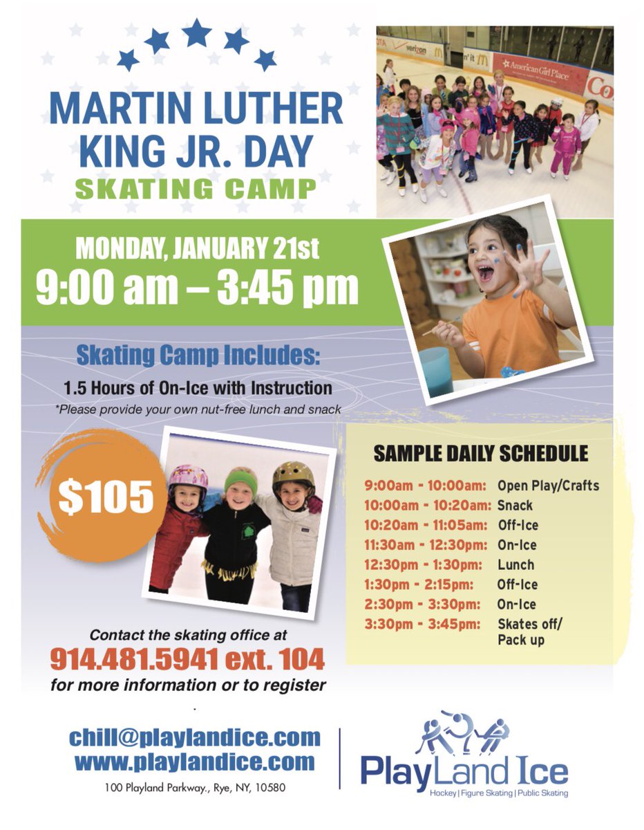 PlayLandIce's tweet photo. Join us next Monday, January 21st for our FULL DAY #MartinLutherKingDay #SkatingCamp ! 🏒⛸
Beginners through advanced skaters and Hockey players welcome! https://t.co/MCq8RCcCrU