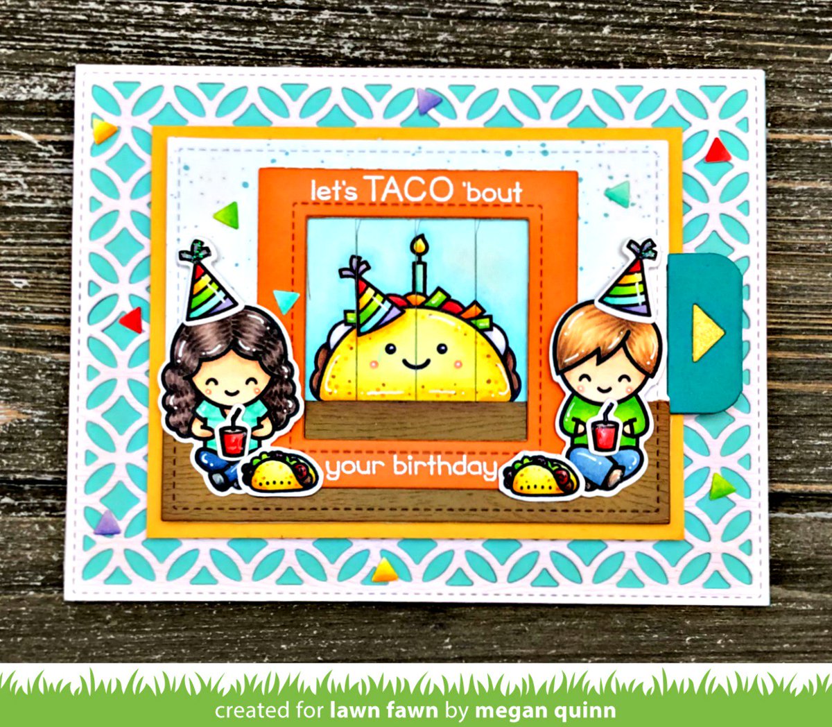 lawnfawn's tweet photo. Can you believe it’s Year Nine already?! Let’s taco ’bout how fast time flies! This fun little taco will add cuteness to your birthday cards this year! This card also sneaks a new interactive die set that we will reveal on Wednesday, stay tuned! https://t.co/hi7uOM0EpG https://t.co/QNsRJwta46