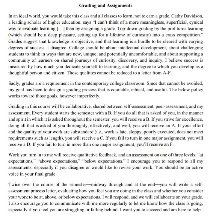 PatrickJMaley's tweet photo. Here’s my new grading policy. I spent time immersed in the thoughts of @emandersen87, @Jessifer, @CathyNDavidson, @OnlineCrsLady, @AsaoBInoue, &amp; others then adapted, cobbled, and stole ideas. It’s not gradeless but hopefully it can help stress learning over grades to some degree. https://t.co/F3VCafI9Ym