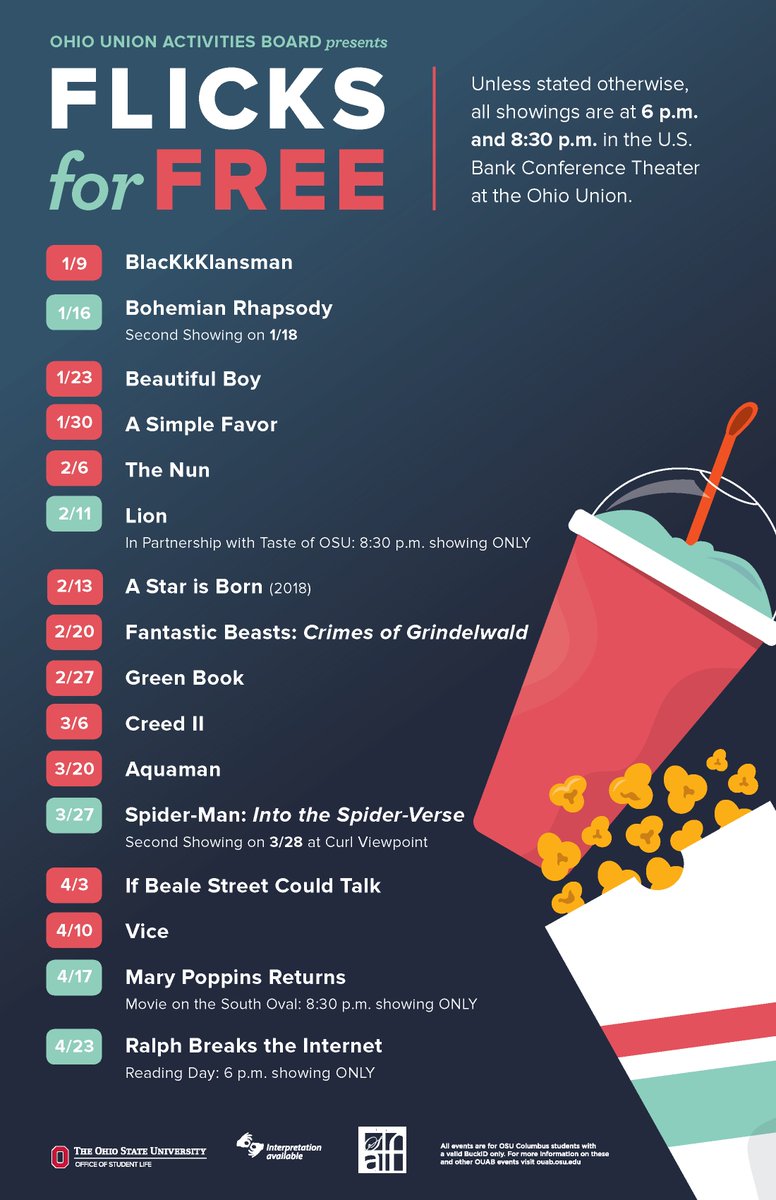 OUAB's tweet photo. We have an exciting semester of movies to bring you this spring! Check out our spring Flicks for Free schedule! https://t.co/Dexrfe3fdF