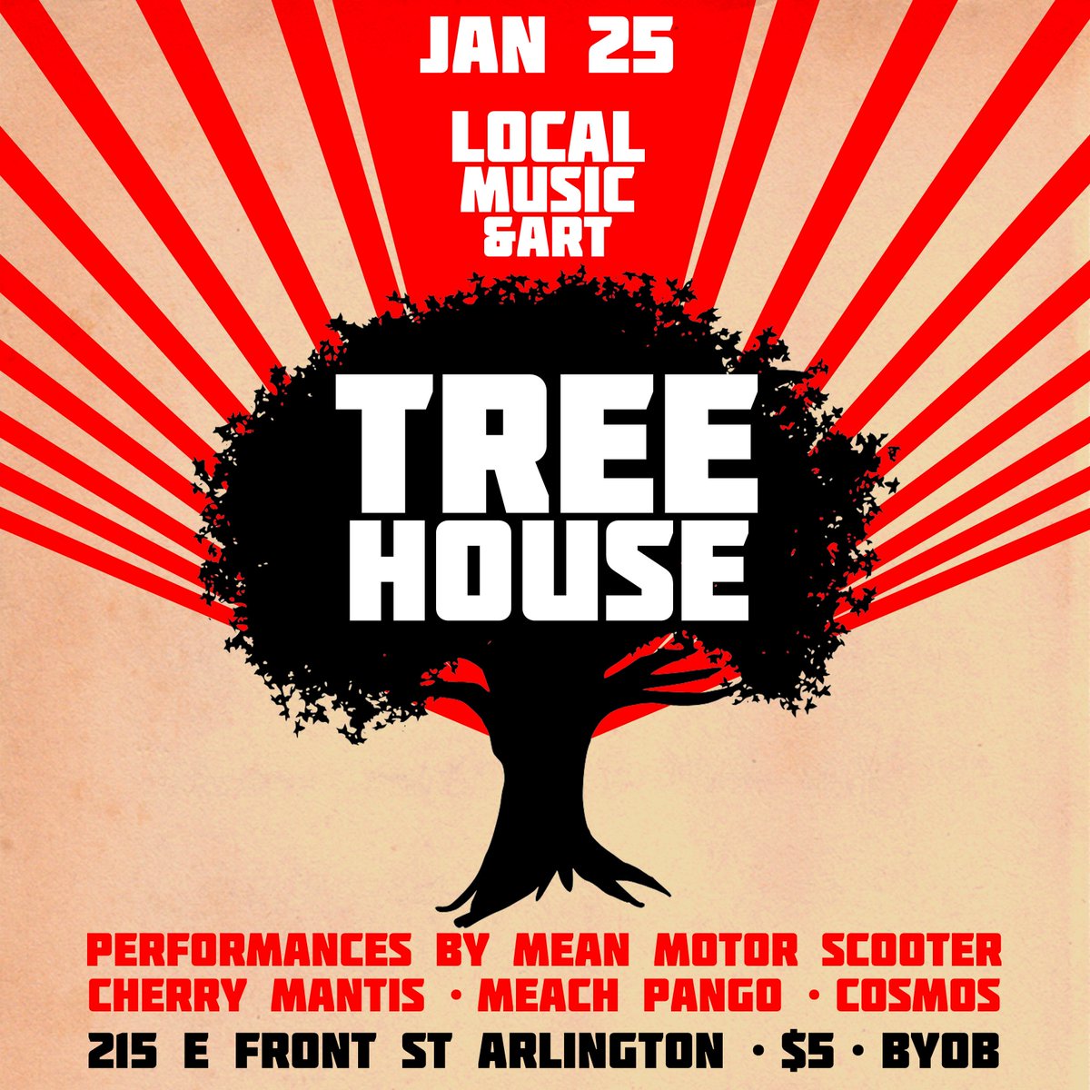 Come to the #Treehouse show on Friday, Jan 25th at 215 E Front St, #Arlington, TX 76011! More details soon! Live music & art vendors! $5 at the door! Full lineup + set times soon! 

#ArlingtonTX #livemusic #DFW #MeanMotorScooter #trashrock #garbagerock