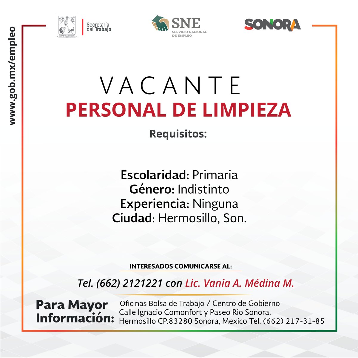 SNESonora's tweet photo. Empieza tu Semana con Empleo!
Hermosillo, tenemos estas vacantes para ti. 

Conoce más en https://t.co/JoIlivgAWV https://t.co/593J1v2fss