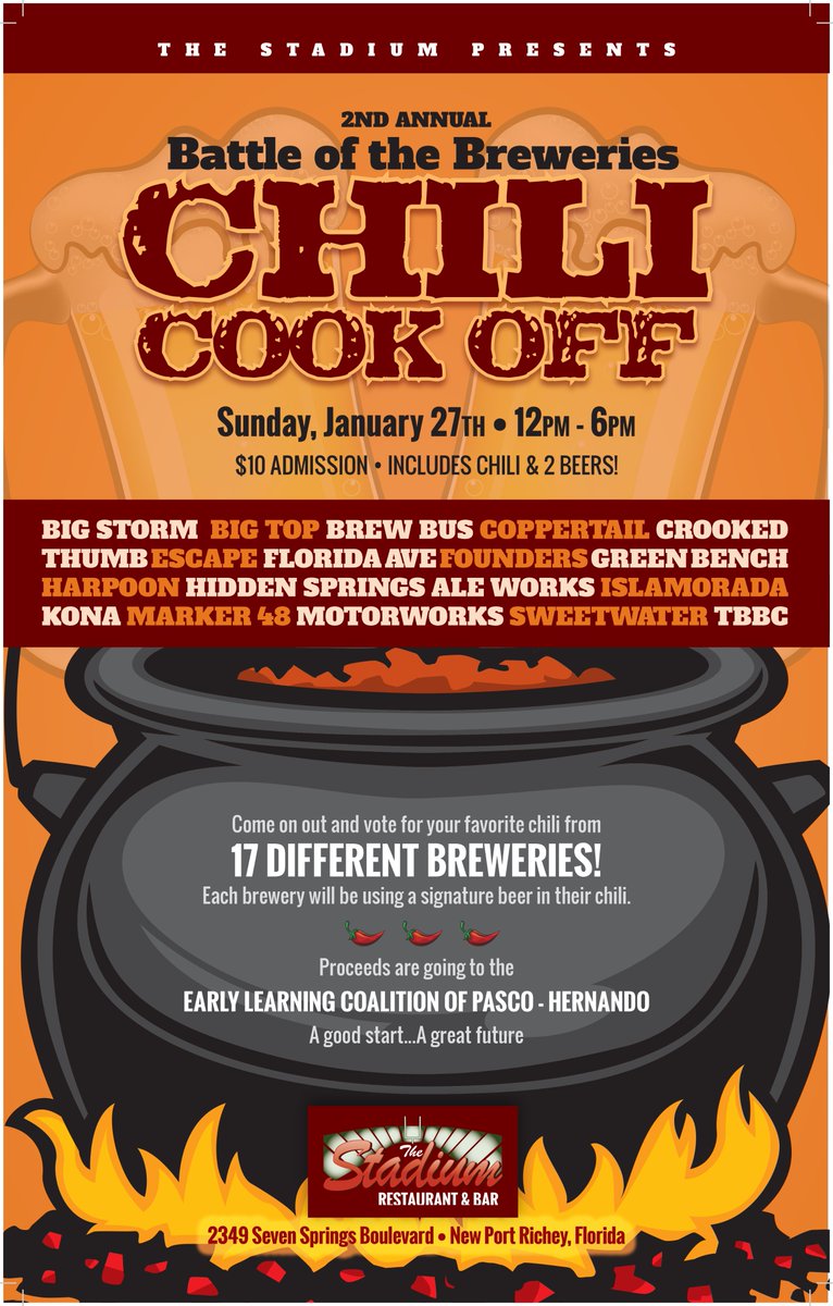 It's back! 17 breweries are going head to head in the ultimate chili cook off Sunday, 1/27 at The Stadium. Who do you think will win? 🔥🍻🌶
RSVP &amp; INFO: goo.gl/wAvxAB