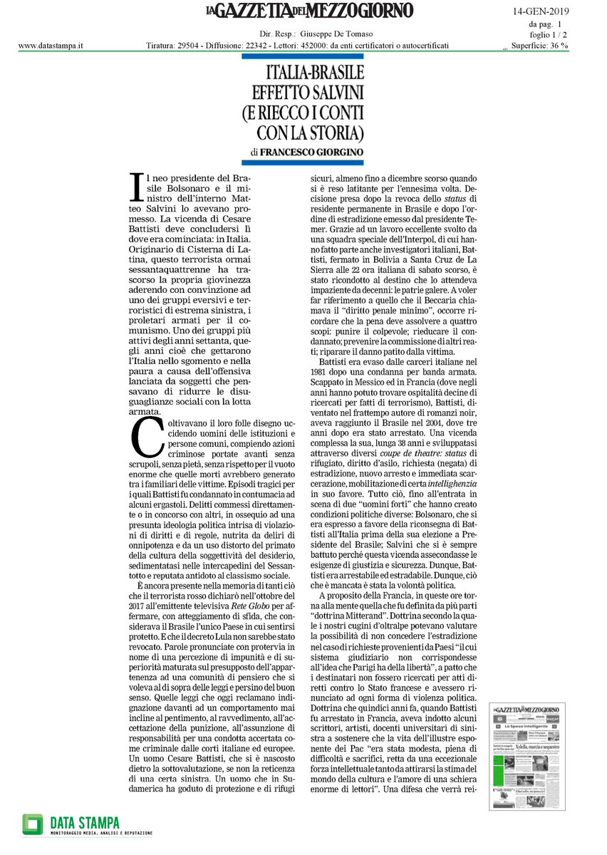 ComunicazioneGi's tweet photo. "Un assassino non può avere sostenitori, né può diventare un simbolo. [...] Chi si pone contro il diritto, si pone anche contro la democrazia".

L'editoriale del prof. @frangiorgino su @LaGazzettaWeb. 
Buona lettura 🙂

#editoriale #14gennaio #arresto #Battisti https://t.co/ivQlXjkSOp