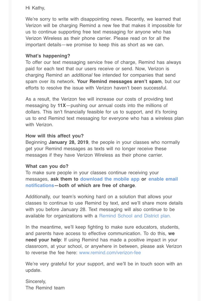 Verizon greedy bastards! Totally screwing schools & students. Reverse this policy NOW !!
RT @Kathy_Beach506 Verizon charging text messages (11X) from Remind starting 1/28. Remind been wonderful resource between parents and teachers @Verizon #ReverseTheFee