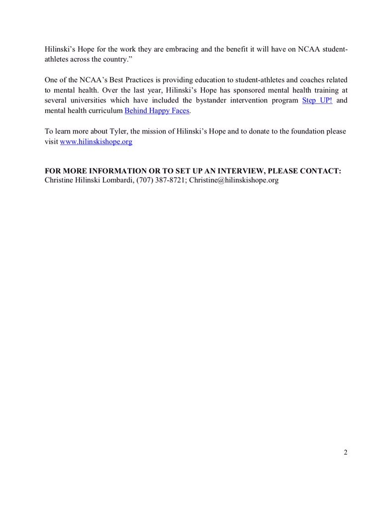 HilinskisHope's tweet image. Hilinski’s Hope is teaming up with the NCAA Sport Science Institute to promote mental wellness in college athletics.