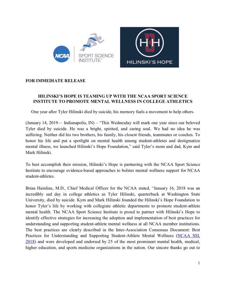 HilinskisHope's tweet image. Hilinski’s Hope is teaming up with the NCAA Sport Science Institute to promote mental wellness in college athletics.