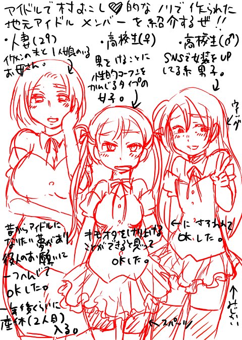 新しいアイドルを考えました!・人妻系アイドル(夫と一人娘有→一年後ぐらいに産休に入ります(二人目))・男性を蹴り上げる系アイドル(オタなら蹴っても許されると思ってる)・男の娘(女装子)アイドル(SNSで話題の露出系。グループ一番人気) 