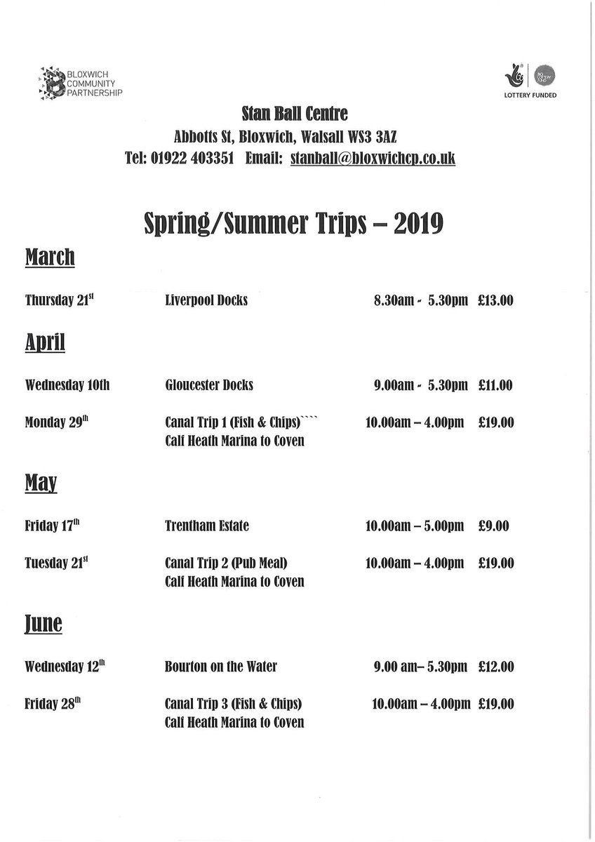 Take a look at the first phase of our Spring/Summer 2019 trips.  We now have the facilities to take card payments in addition to cash or cheque.  Call Karen 01922 403351 for further information or to book.