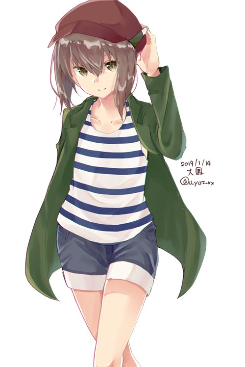 taihou (kancolle) 1girl solo brown hair striped shirt brown eyes shorts hat  illustration images