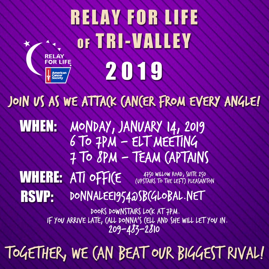 RFLTriValley's tweet photo. TONIGHT, TONIGHT, TONIGHT!!
Join us for fun and a chance to meet fellow Team Captains and learn about plans for this year's Relay!  Whoohooo!  https://t.co/AhSZ0T4wbn https://t.co/txCH3ZJ785