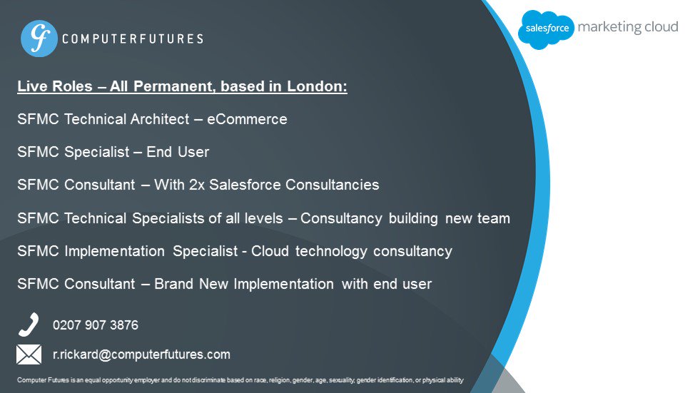 CFUKCloudTech's tweet photo. I've had an influx in Salesforce Marketing Cloud opportunities since coming back after the festive break. We offer £250 in vouchers of your choice for any successful referral so please share with your networks. #SFMC #London #Salesforce https://t.co/B3Etfptsdj
