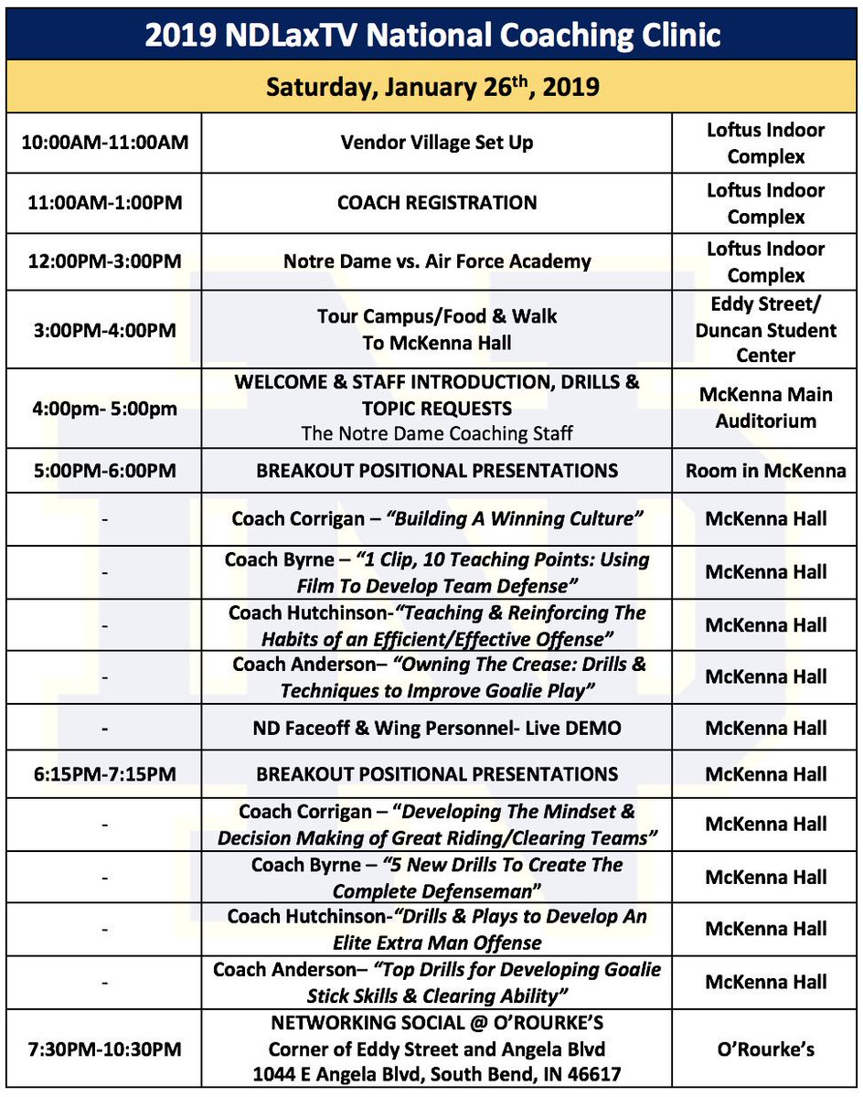 Irishlaxcamps's tweet photo. Time is running out to register for NDLaxTV National Coaching Clinic on January 26-27.

See full schedule below of topics, film study, free admission to exhibition with Air Force Academy, Vendor Village &amp; more.

https://t.co/H2oo2aQxnX for more information. https://t.co/QeUEk39u0h