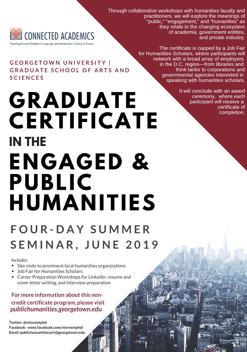 GeorgetownMAEPH's tweet image. Much more info is coming soon, but here’s the teaser flier for the summer seminar for our graduate certificate.

It’ll feature discussions of public humanities, a career fair, and site visits to see where Humanities PhDs are working.