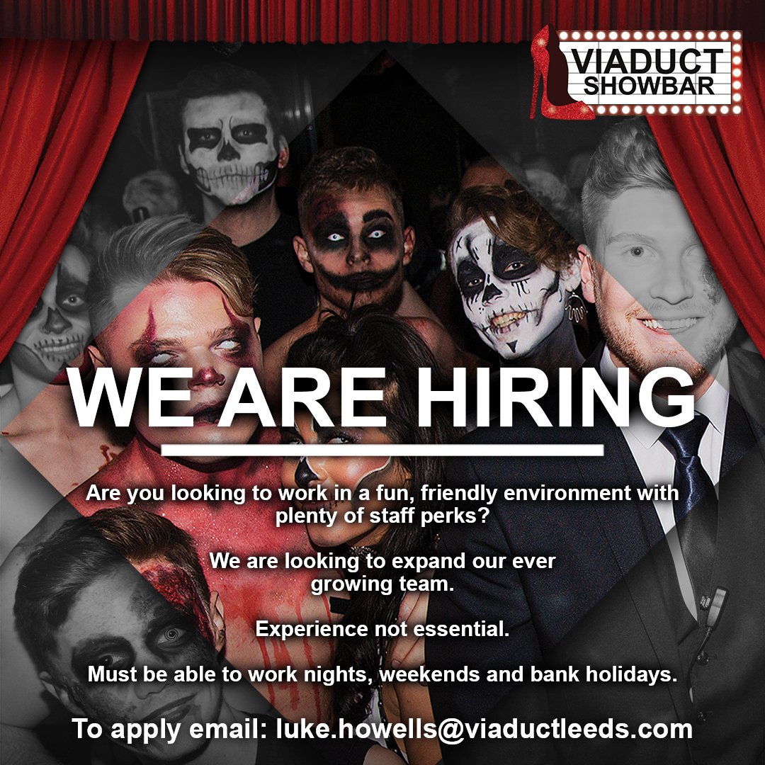 ViaductShowBar's tweet photo. Are you looking for a job and want to work somewhere fun, fast-paced and fabulous? Viaduct Showbar wants you! To apply, send a copy of your CV to luke.howells@viaductleeds.com 💋 #freedomquarter #lovinleeds #leedsjobs https://t.co/N0WcaoUrtA