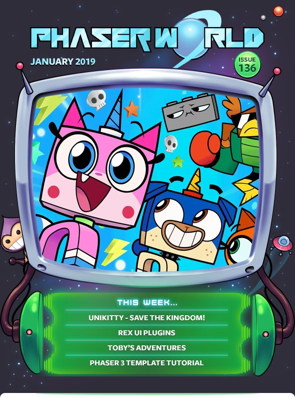 Phaser World Issue 136 is out! Featuring Unikitty, new UI plugins, tutorials and deep dive into the making of the Phaser 3 Scale Manager buff.ly/2VRVaXP