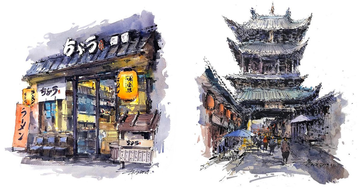 Traveling Watercolor Artist Captures the Charm of Old Asian Towns bit.ly/2HoJCIz #Art #Painting #architecturalsketches