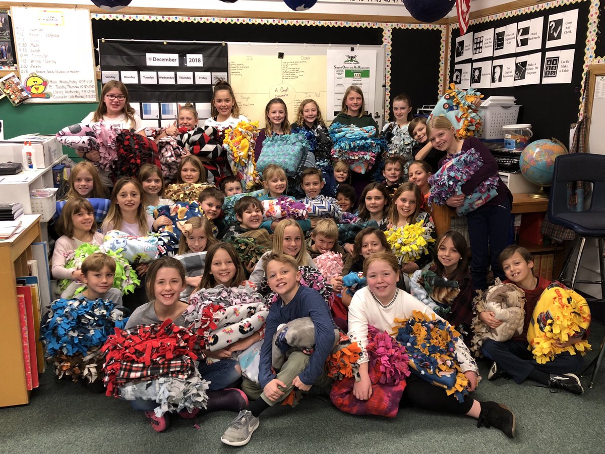 CollisterBSD's tweet photo. Mrs. Allen’s third graders, with the help of Allen alumni, made 56 blankets!  These are donated to the Marian Pritchett School and the Veterans Home. #kindness #bsdpride #soarmore https://t.co/vw5GovTl5l