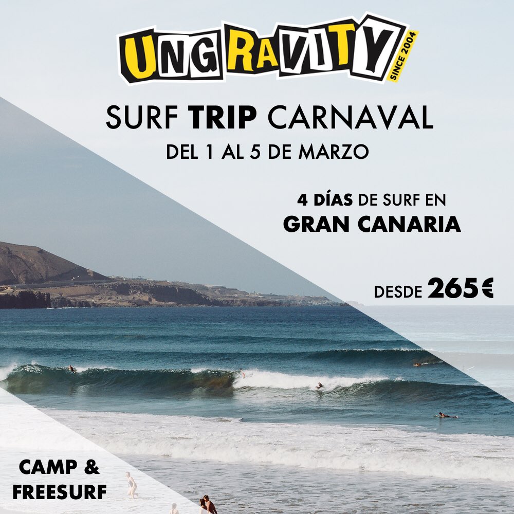 ¡UNGRAVITY #SURFTRIP! 
Del 1 al 5 de marzo nos vamos a Gran Canaria ☀️🌴🌊 escapando del frío del Mediterráneo 😬🥶
Te ofreceremos 2 opciones: #FREESURF o #SURFCAMP 
Info y reservas en ungravityboard.com/es/blog/ver/un…