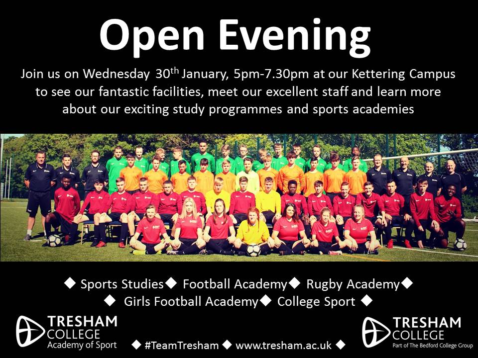 Join us on Wednesday 30th January, 5pm-7.30pm at our #Kettering Campus to see our fantastic facilities, meet our excellent staff and learn more about our exciting study programmes and #sports academies.
#SportsStudies #Football #Rugby #GirlsFootball Academies #CollegeSport
