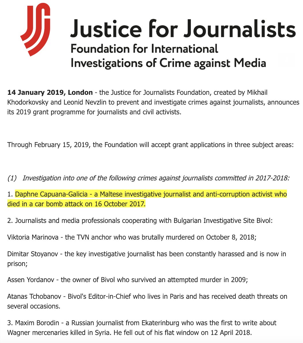 .<a href="/JFJfund/">Justice for Journalists Foundation</a> is offering grants for journalistic investigations into crimes against journalists. #DaphneCaruanaGalizia is at the top of the list.