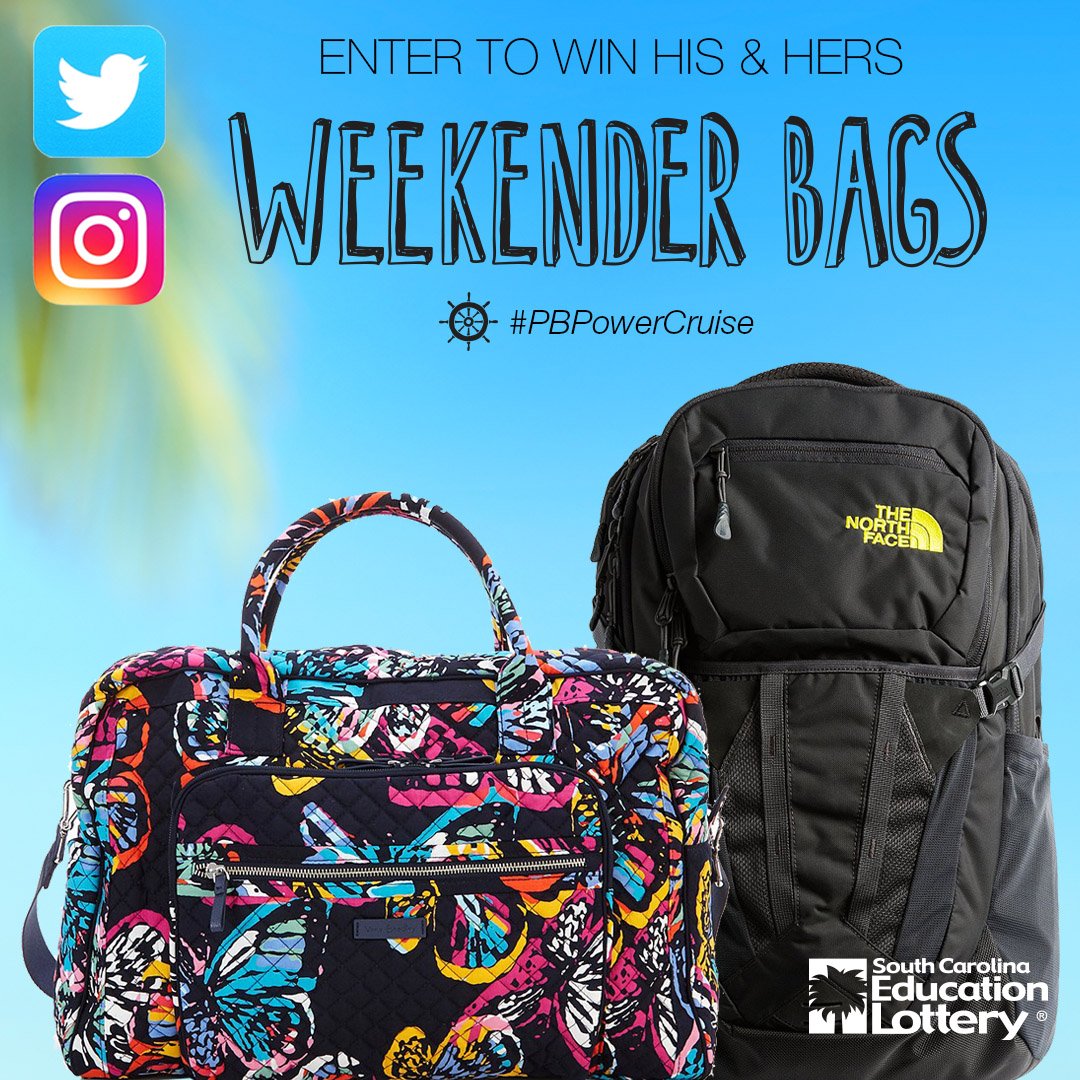 sclottery's tweet image. #PBPowerCruise sets sail this week!  Enter to win these His and Hers Weekender Bags for your next adventure. RT and FOLLOW @sclottery to enter! SC residents only. Must be 18 or older. Rules: bit.ly/2RLbjPG