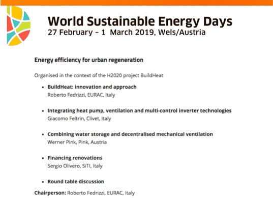 BuildHeatH2020's tweet image. Save the date! @BuildHeatH2020 will participate to the #WSED World Sustainable Energy Days @OOESV with a workshop about Energy efficiency for #urbanregeneration on February 28th in Wels.