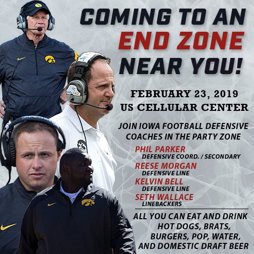 Come join Iowa Football coaches @CoachParkerIowa @CoachSWallace @CoachK_Bell and Reese Morgan at our home opener! $50 per person. Space limited. Call today! 📞 319-382-9339