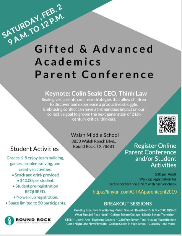 Gifted and Advanced Academics Parent Conference - Breakout sessions and descriptions listed here! Student sessions are now full, but plenty of space for PARENTS! Come join us Feb. 2!