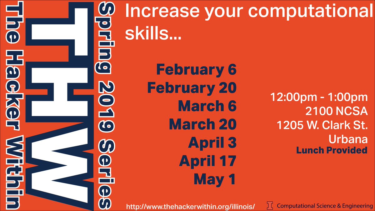 cse_uiuc's tweet photo. Here is the @hackerwithin_IL schedule for the spring. If you're looking to increase your computational skills, this is a great group to be part of.  We meet on Wednesdays at 12pm @NCSAatIllinois 2100.  Lunch Provided. https://t.co/gLN9B9K4ur