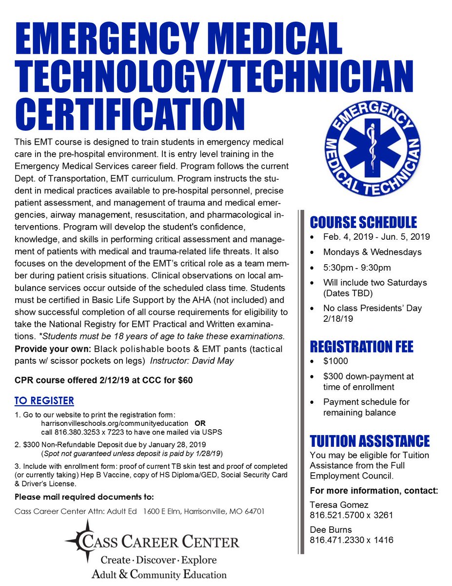 CCCCommunityEd's tweet image. We are only three (3) weeks away from the start of our adult EMT course! All the details are in the flyer below. Please contact us if you have questions or if you would like to enroll. 816-380-3253 Ext. 7223.  Instructor:  David May.