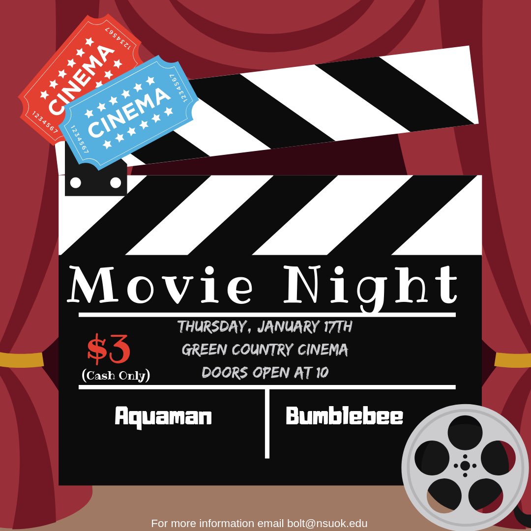 Upcoming NAB events this week: 

Monday - Bingo |7 pm| Webb Auditorium 

Thursday - Movie Night | Doors open at 10 pm| Green Country Cinema