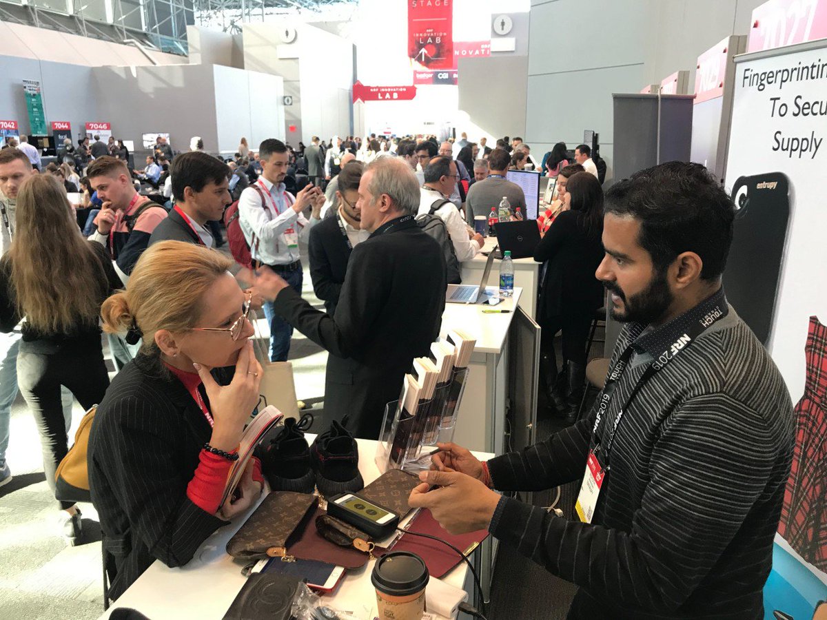 Entrupy's tweet image. Our CEO, Vidyuth Srinivasan, providing a demo of #entupyfingerprinting.  Our solutions help retailers secure their supply chain.  Come see us at booth 7025 on the 4th floor in the Startup Zone.  #NRF2019 #techisbetter #entrupy