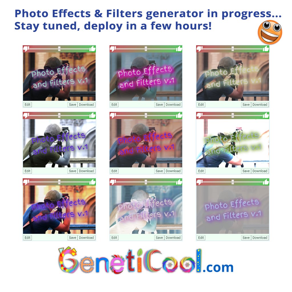 _GenetiCool_'s tweet photo. Hard work 👷 in progress for the first GenetiCool Photo Filters and Effects Evolver and Generator 📸 due out in a very short hours.
We humbly but passionately suggest you all to stay tuned, this is going to take photo filtering by storm. 🌪🌩️😏
#filter #effect #photo #photofilter https://t.co/RZhlmHcOUG