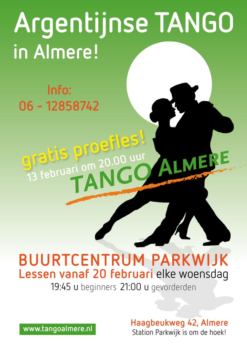 Vrijdag 8 februari 2019 weer zo'n geweldige Tango Salon bij de GreenStory Almere Haven.
 Gestart wordt met een workshop voor ondanskundigen.
 kom je? Vanaf 20:00 uur, welkom
 Verder begint de nieuwe cursus in Parkwijk met een gratis proefles.