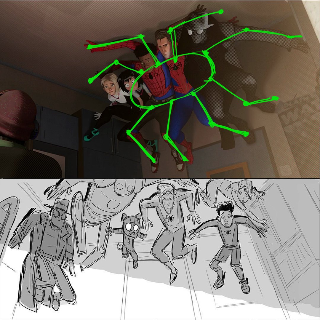 Originally in these shots, the Spiders were visualized as being spread out on the wall, but my Supervisor wanted to see them closer together. As I moved them closer while keeping their ability to move their limbs, it gradually evolved into this spider-like shape. 🕷️#SpiderVerse